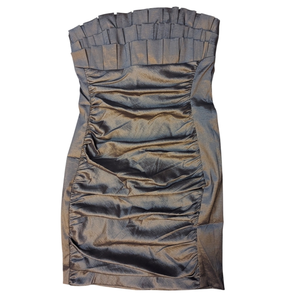 Cache Formal Strapless Ruched Metallic Pewter Cocktail Party Dress PROM Wedding